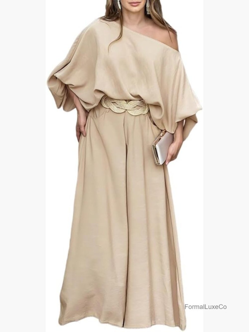 Off Shoulder Top & Wide Leg Pants Set Flowy Two Piece Travel Outfit - Picture 1 of 7